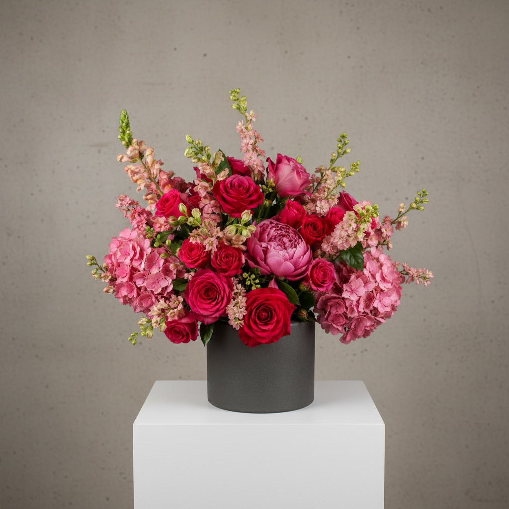 Florist holding the Dorchester luxury pink rose and hydrangea arrangement