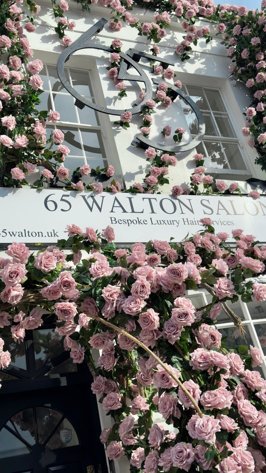 Pink rose floral façade created by London Event Florist at 65 Walton Salon in Chelsea