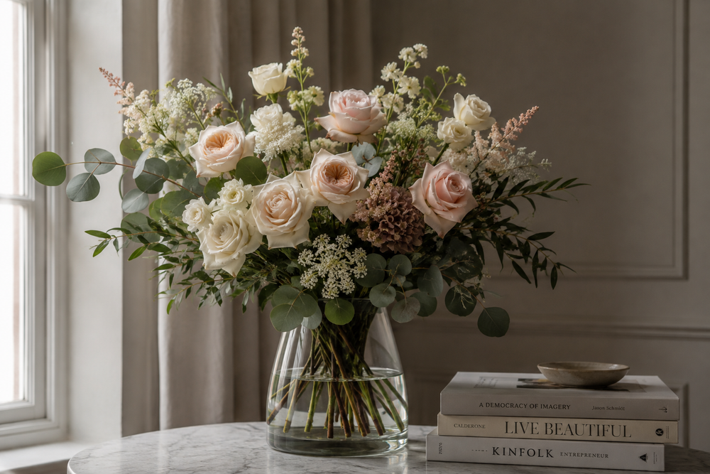 A large, elegant floral arrangement featuring blush pink and cream roses, white baby's breath, and green eucalyptus stems in a clear glass vase, styled on a marble table next to a stack of books in a softly lit room.
