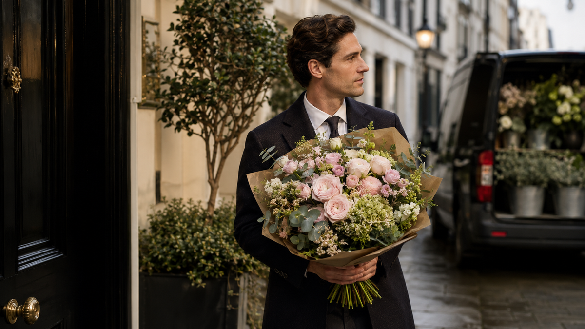 A man in a dark suit holding a large, beautifully arranged bouquet of pink and white flowers with green foliage, standing on a city street.