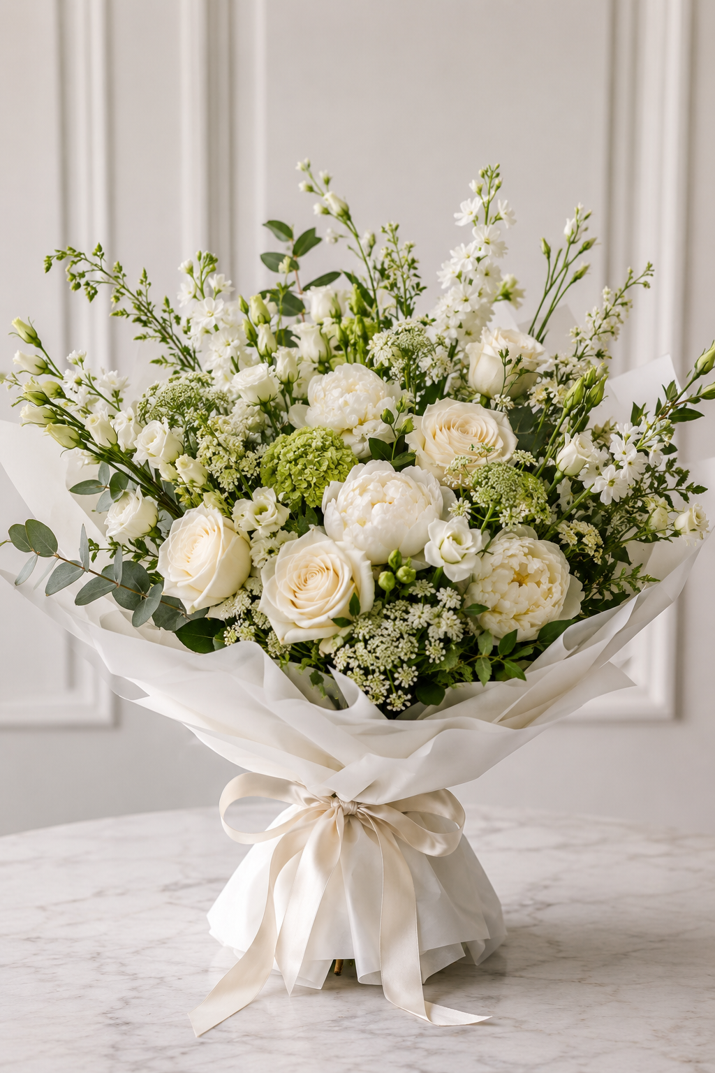 A large white and green floral bouquet wrapped in white tissue paper and tied with a cream ribbon, displayed on a marble surface against a light paneled wall.