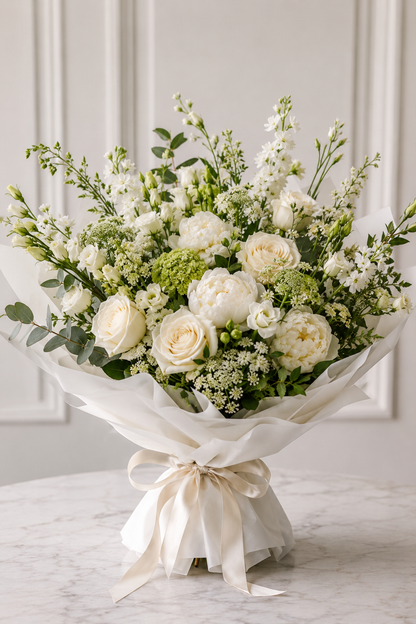 A large white and green floral bouquet wrapped in white tissue paper and tied with a cream ribbon, displayed on a marble surface against a light paneled wall.