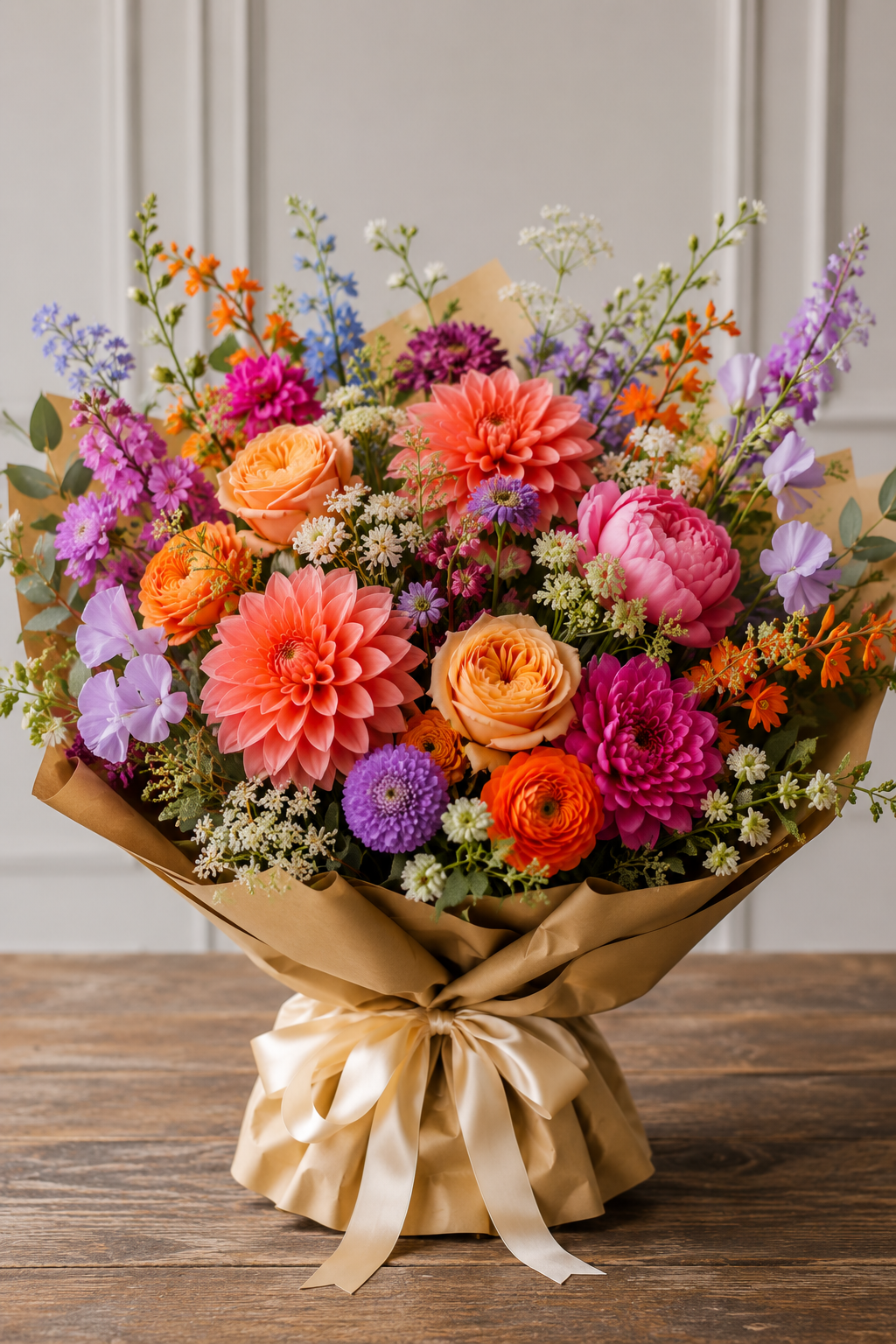 A vibrant, multicolored wildflower bouquet wrapped in brown kraft paper and tied with a cream satin ribbon, displayed on a rustic wooden table against a neutral paneled wall.