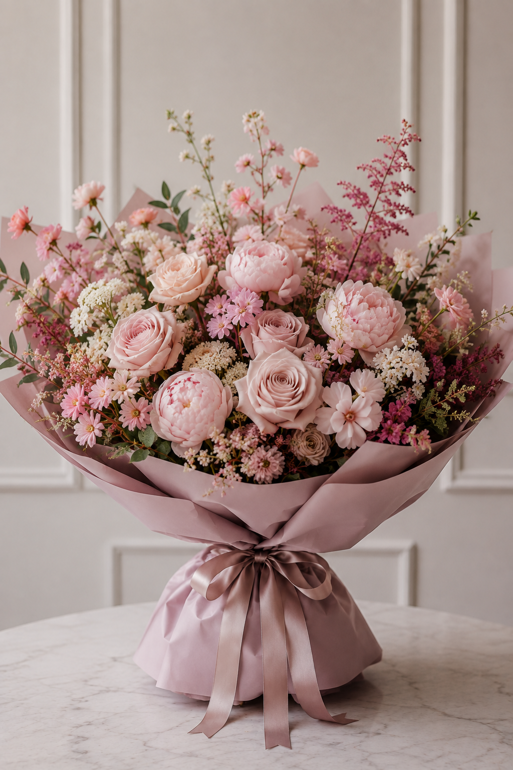 A large floral bouquet wrapped in dusty pink paper and tied with a matching ribbon, featuring pink roses, peonies, and delicate filler flowers, set on a marble tabletop against a paneled wall.