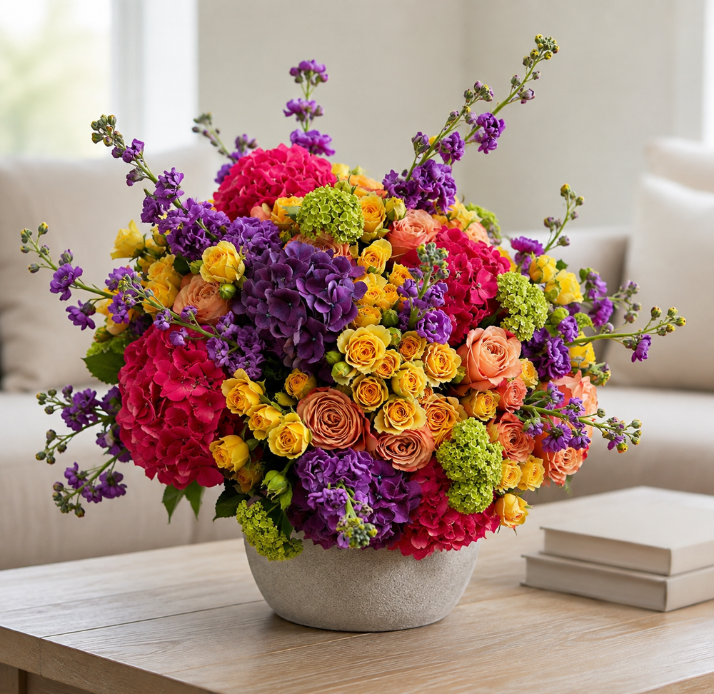 A vibrant, multicolored floral arrangement featuring pink, purple, yellow, orange, and green flowers in a round gray ceramic pot, placed on a light wood table in a bright living room setting.