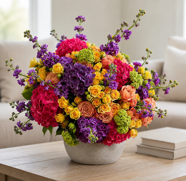 A vibrant, multicolored floral arrangement featuring pink, purple, yellow, orange, and green flowers in a round gray ceramic pot, placed on a light wood table in a bright living room setting.