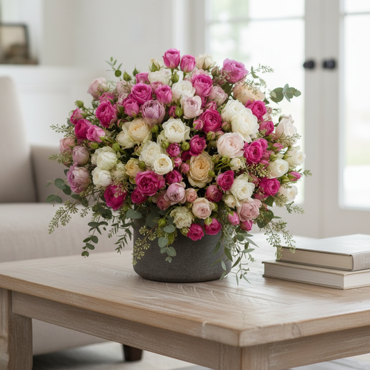 A large, lush floral arrangement of pink, white, and peach roses with green foliage in a dark gray pot, displayed on a light wood coffee table in a bright, modern living room.