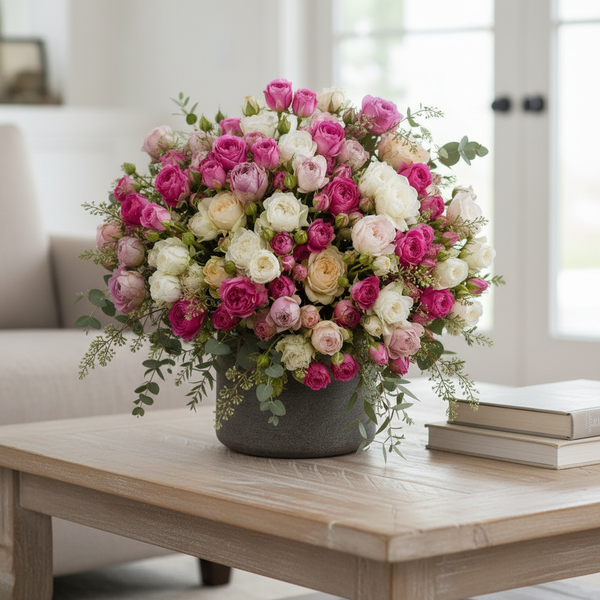 A large, lush floral arrangement of pink, white, and peach roses with green foliage in a dark gray pot, displayed on a light wood coffee table in a bright, modern living room.