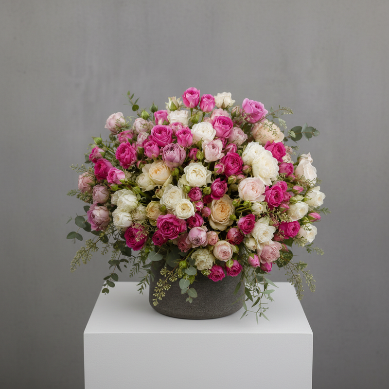 A large, dense floral arrangement of pink, magenta, cream, and white roses with green foliage, presented in a round dark gray pot on a white pedestal against a neutral gray background.