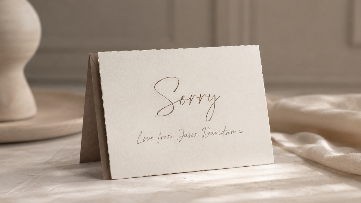 A small kraft paper place card with a folded stand, printed with the word 'Sorry' in elegant cursive and the line 'Love from Jason Davidian x' in a lighter script, photographed on a softly lit tabletop with neutral decor in the background.
