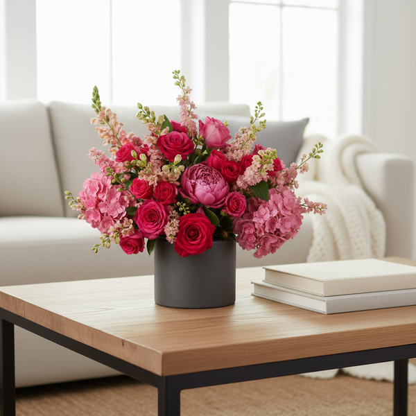 Dorchester luxury pink flower arrangement with roses and hydrangea in a charcoal container