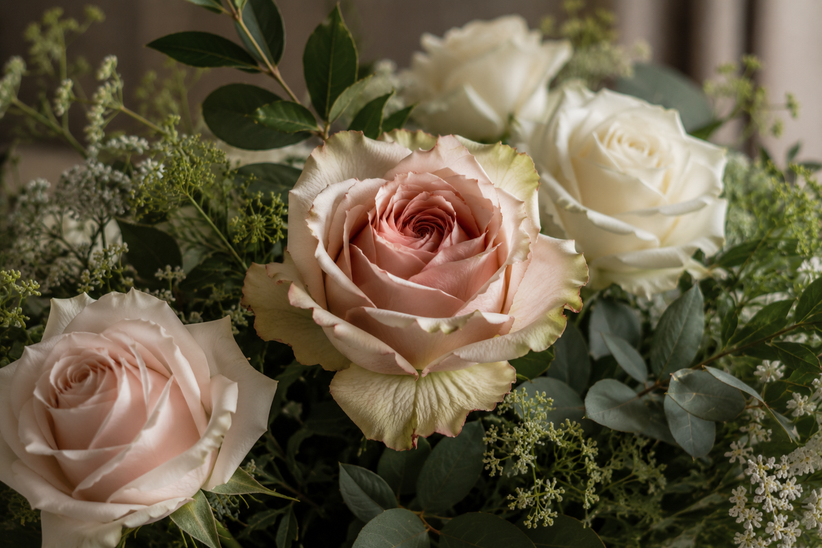 A close-up floral arrangement featuring pale blush pink and off-white roses with green foliage and small white filler flowers.