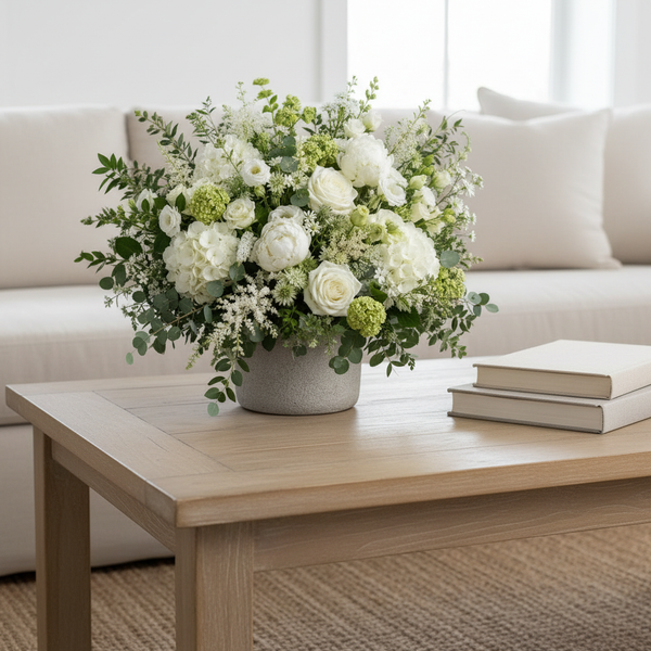 A large floral arrangement in a gray pot sits on a light wood coffee table in a bright living room, with a cream sofa and two stacked books behind it.