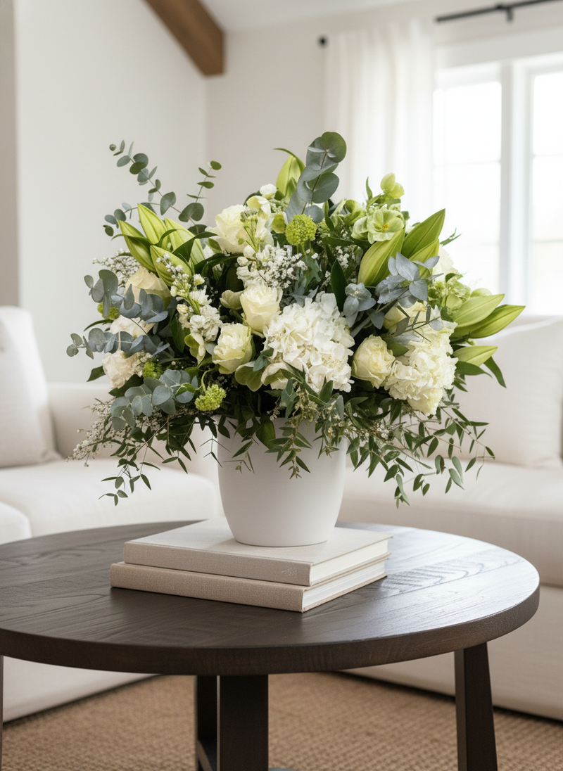 A lush floral arrangement in a white ceramic vase, styled on a stack of two neutral-colored books atop a round dark wood coffee table in a bright, modern living room.
