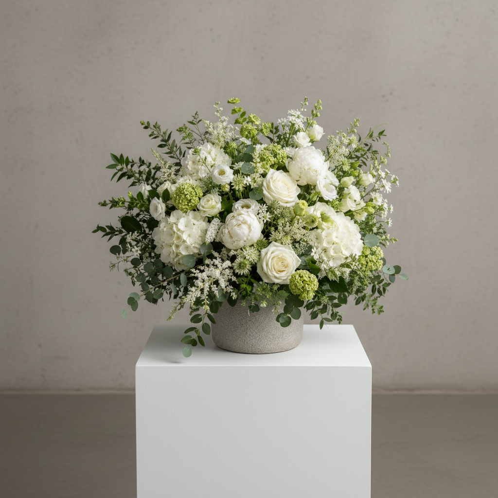 A lush floral arrangement in a textured gray concrete pot, featuring white roses, hydrangeas, and green foliage, displayed on a white pedestal against a neutral gray wall.