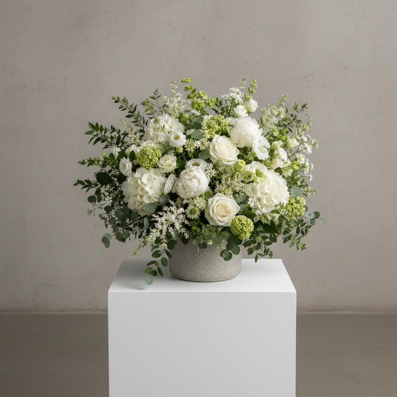 A lush floral arrangement in a textured gray concrete pot, featuring white roses, hydrangeas, and green foliage, displayed on a white pedestal against a neutral gray wall.