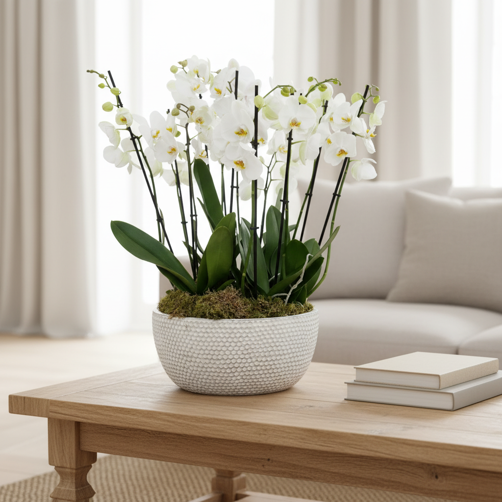 A potted artificial white orchid arrangement with green leaves sits on a light wood coffee table in a bright, modern living room with a beige sofa and curtains in the background.