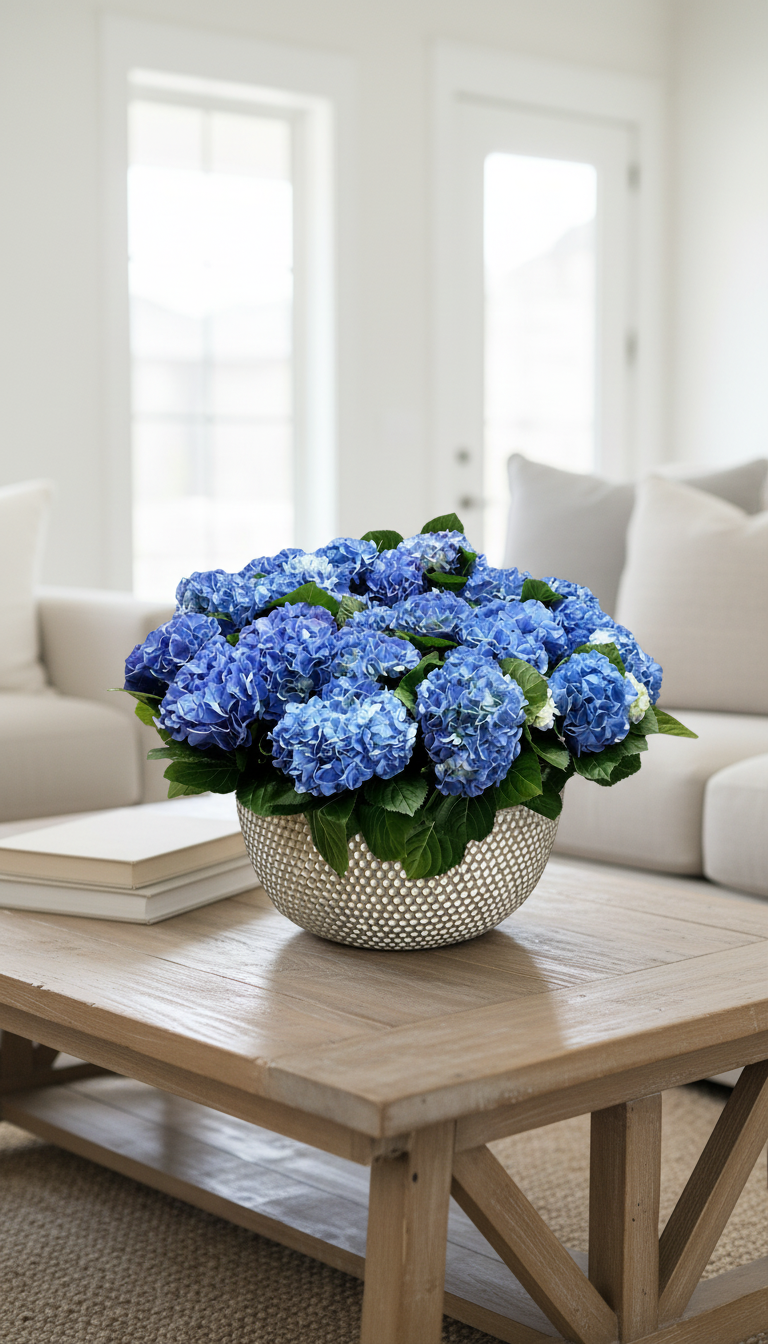 A vibrant arrangement of blue hydrangeas in a textured silver bowl, placed on a light wood coffee table in a bright, modern living room.