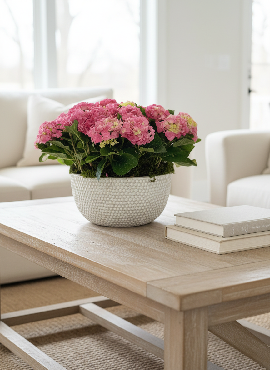 Luxury pink hydrangea arrangement in textured ceramic planter styled in a contemporary kitchen