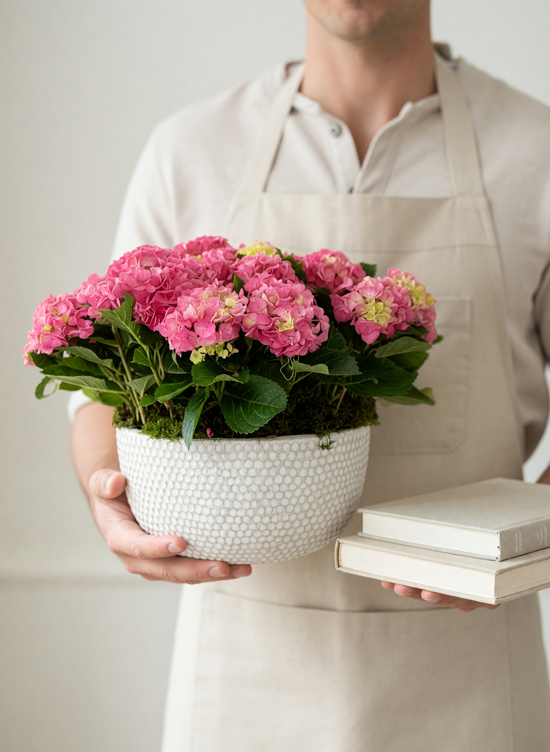 Luxury pink hydrangea planter in white ceramic bowl being hand delivered by a London florist