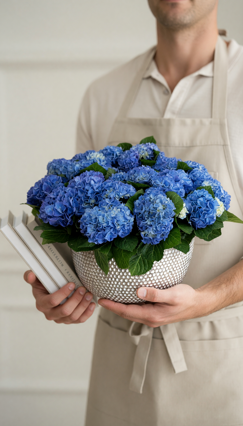 Luxury blue hydrangea planter in textured silver bowl held by a London florist