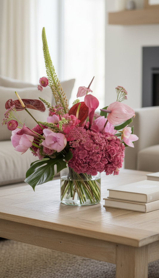 A vibrant pink and red floral arrangement in a clear glass vase, styled on a light wood coffee table in a bright, modern living room.