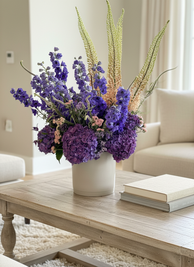 Knightsbridge luxury purple flower arrangement with hydrangeas, tall delphiniums and sculptural flowers in a contemporary pot.