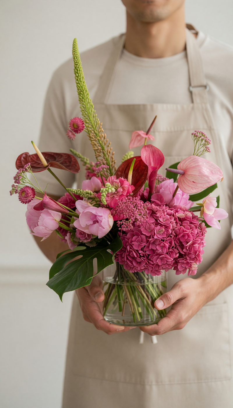 A person wearing a beige apron holds a vibrant pink and magenta floral arrangement in a clear glass vase. The bouquet features pink hydrangeas, pink peonies, red anthuriums, and green foliage, set against a soft, light beige background.