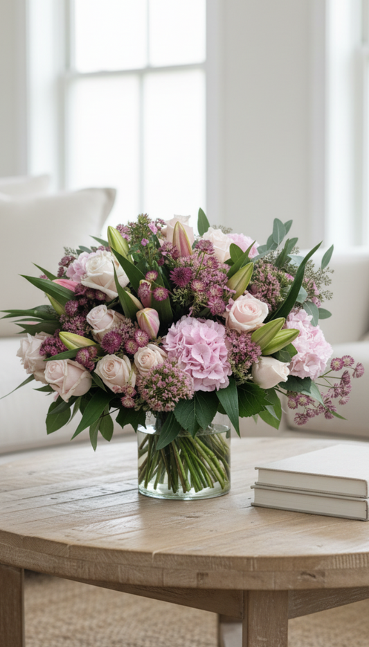 A vibrant floral arrangement of pink, white, and purple flowers with green foliage, presented in a clear glass vase on a round wooden coffee table in a bright, modern living room.