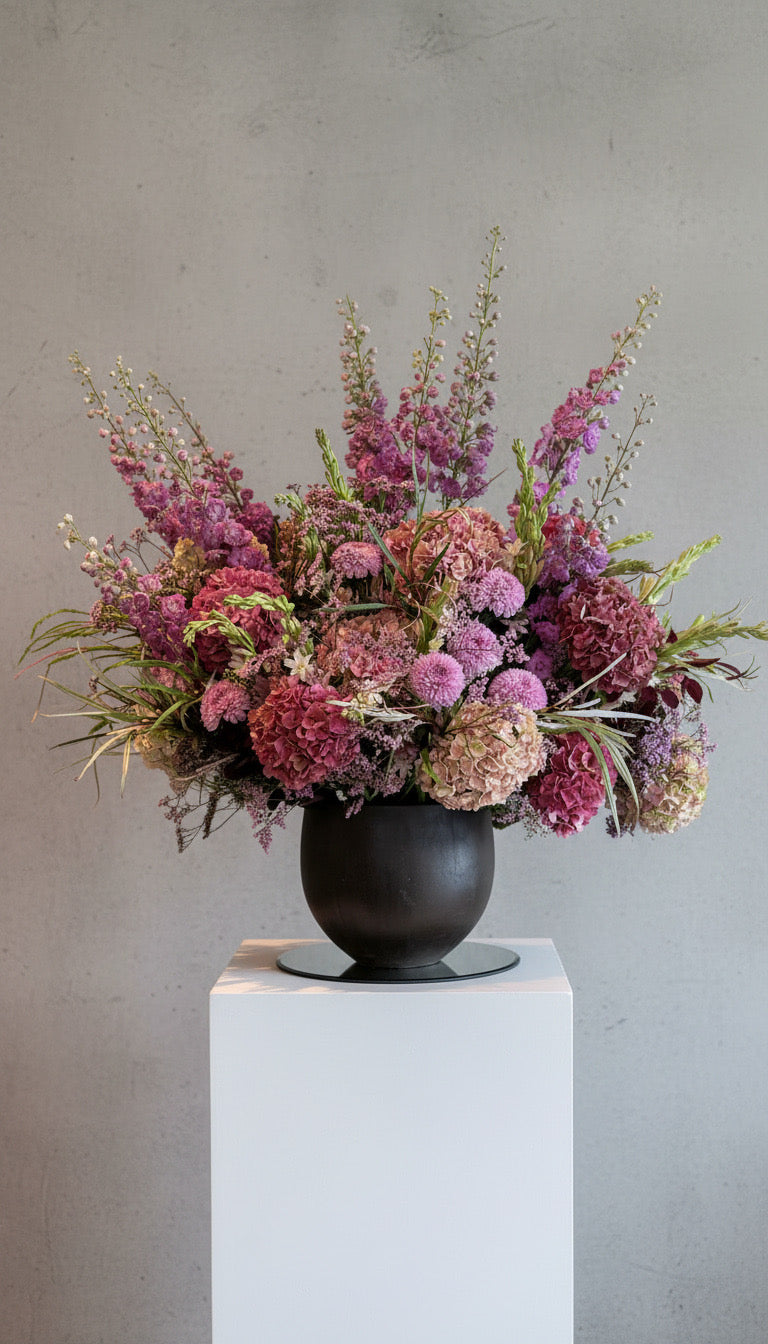 Luxury Primrose Hill flower display with pink hydrangeas and seasonal flowers on a grey plinth