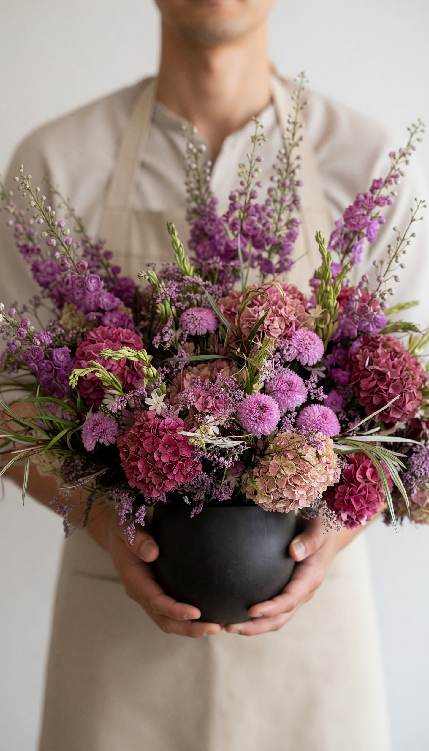 Luxury Primrose Hill flower arrangement with pink hydrangeas and seasonal flowers in a London home