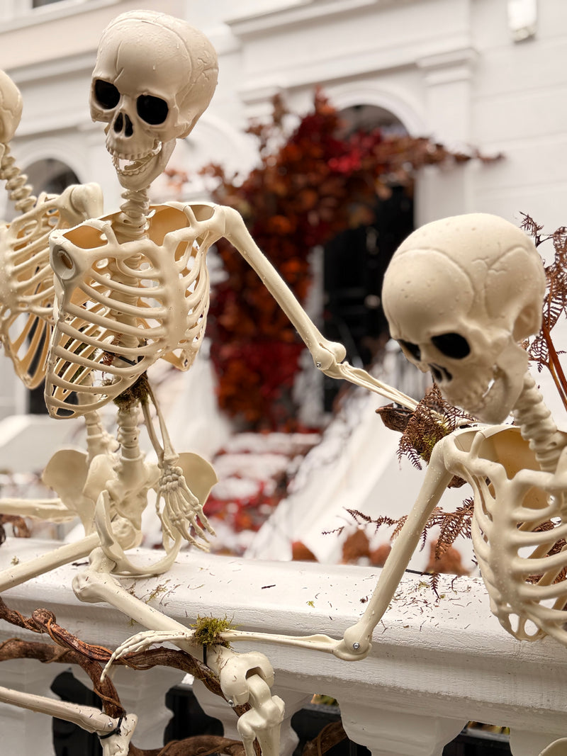 Two decorative plastic skeleton Halloween decorations posed on a white railing in front of a blurred building facade with autumn foliage.