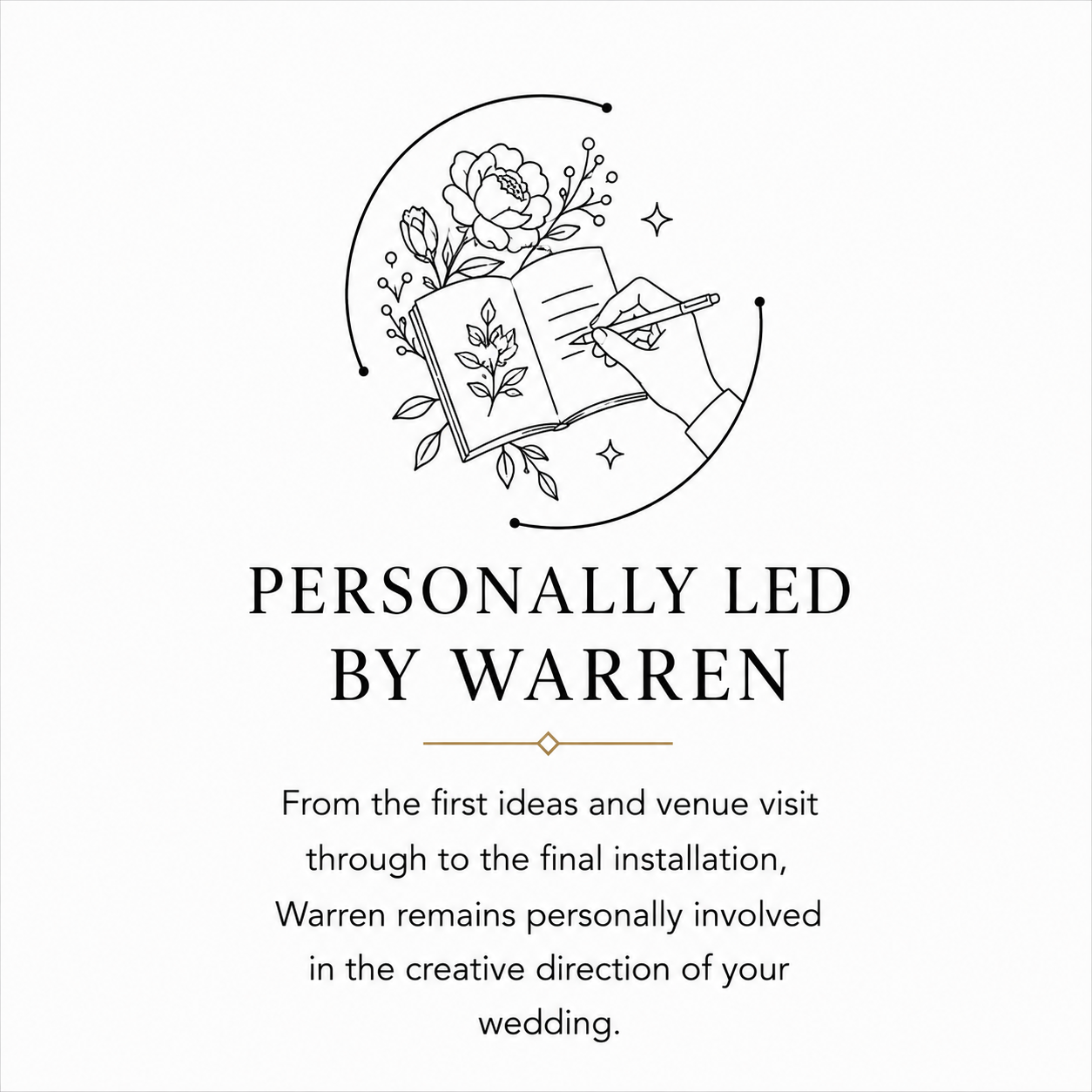 A wedding stationery graphic on a white background featuring a black line art illustration of a hand writing in a journal with a rose and stars. Below the illustration, the text reads 'PERSONALLY LED BY WARREN' followed by a paragraph explaining that Warren personally guides the creative direction of the wedding.