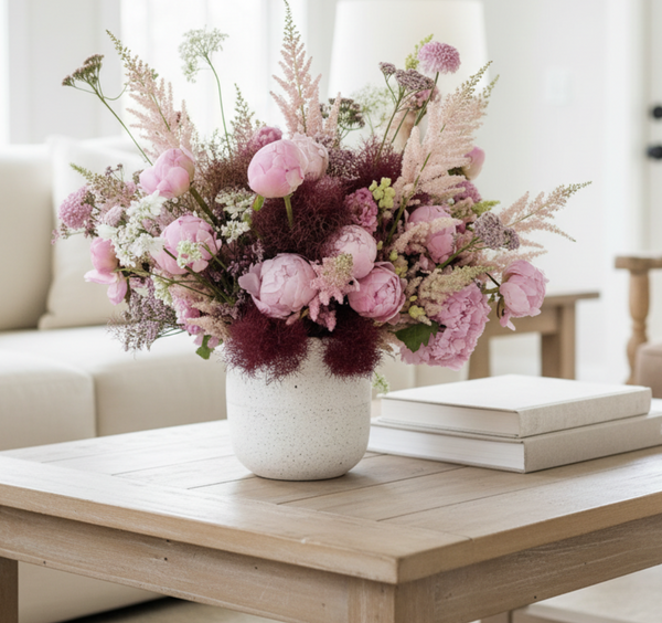 A large, beautifully arranged floral bouquet in a speckled white ceramic vase, placed on a light wood coffee table in a bright, modern living room.