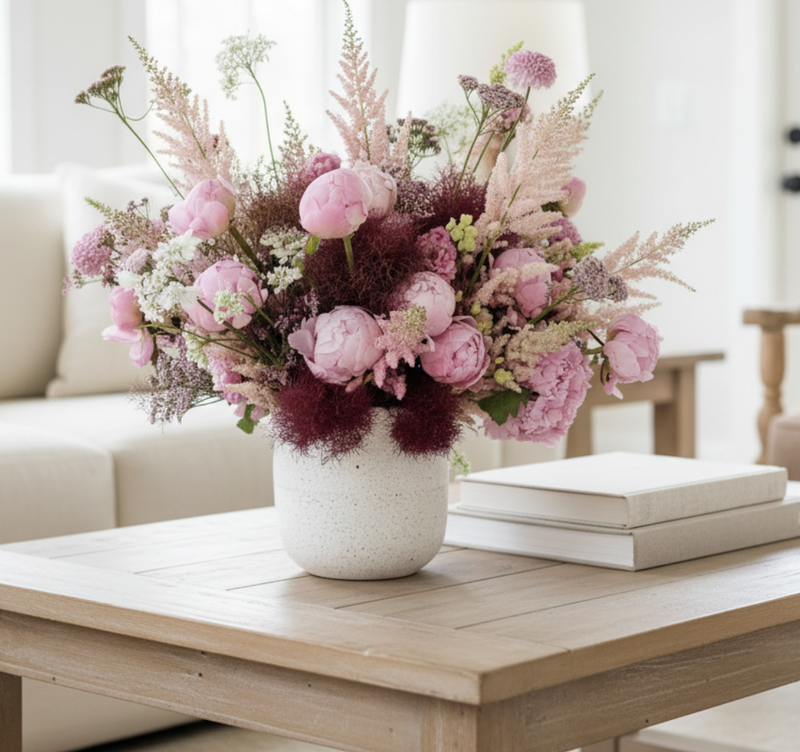 A large, beautifully arranged floral bouquet in a speckled white ceramic vase, placed on a light wood coffee table in a bright, modern living room.