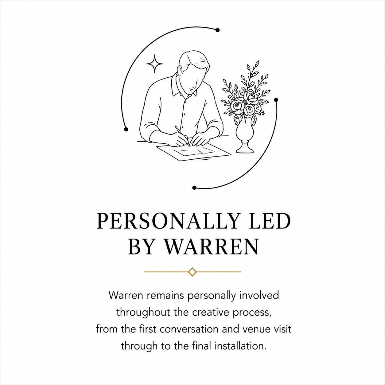 A minimalist black line-art illustration on a white background showing a man writing at a desk with a vase of flowers, above the text 'PERSONALLY LED BY WARREN' and a paragraph describing personal involvement.