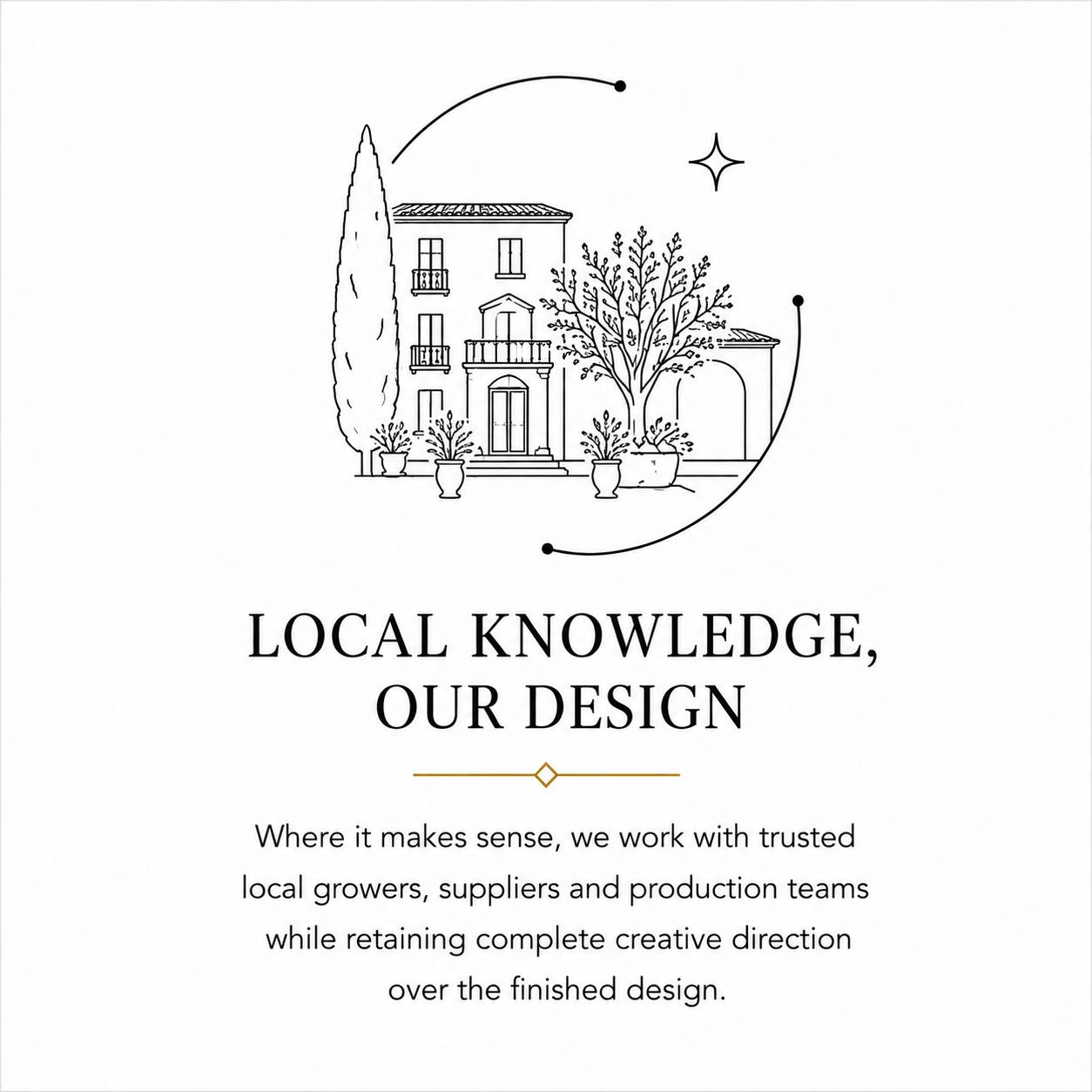 A minimalist black line art illustration of a European-style villa with trees and potted plants, accompanied by the text 'LOCAL KNOWLEDGE, OUR DESIGN' and a paragraph of descriptive copy on a white background.