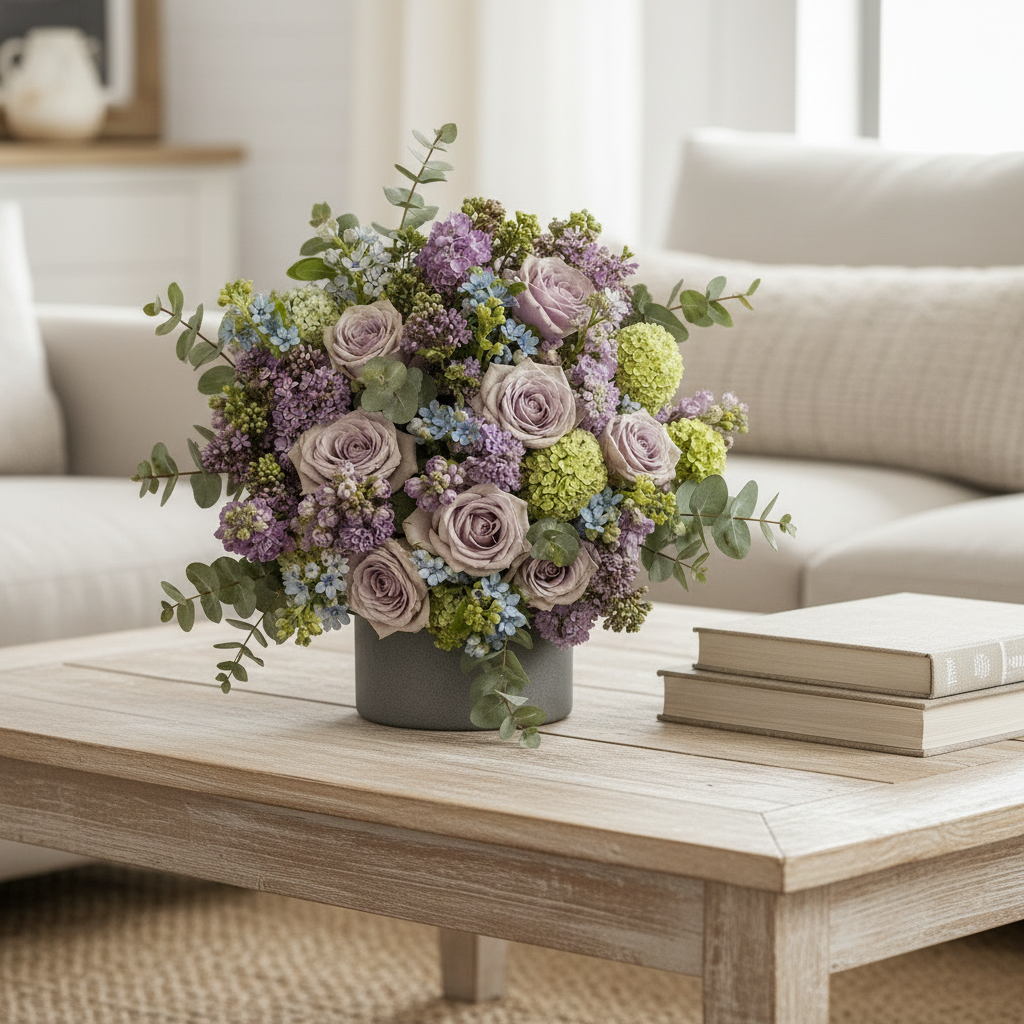 A floral arrangement of lavender-purple roses, light green hydrangea-like blooms, and eucalyptus stems in a dark gray vase, placed on a light wood coffee table in a softly lit living room with a sofa and books in the background.