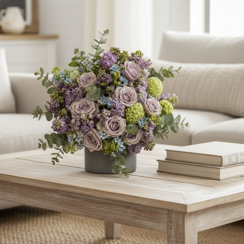 A floral arrangement of lavender-purple roses, light green hydrangea-like blooms, and eucalyptus stems in a dark gray vase, placed on a light wood coffee table in a softly lit living room with a sofa and books in the background.