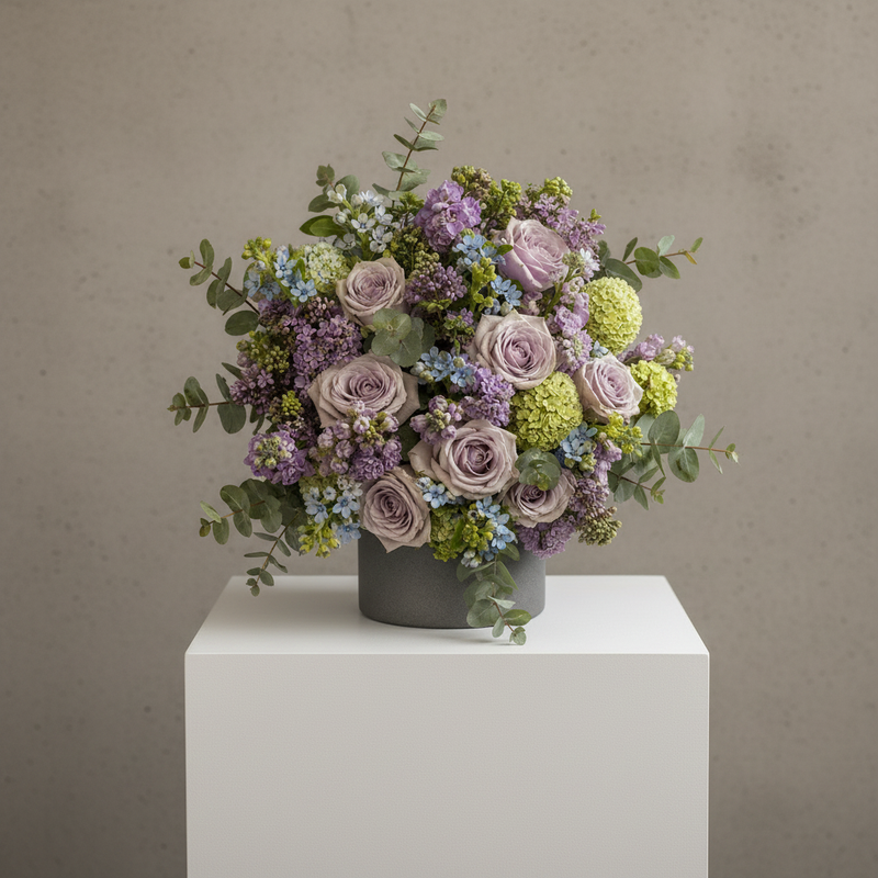 A floral arrangement featuring lavender-purple roses, light green hydrangea-like blooms, and green eucalyptus leaves, displayed in a dark gray cylindrical vase on a white pedestal against a textured warm gray wall.